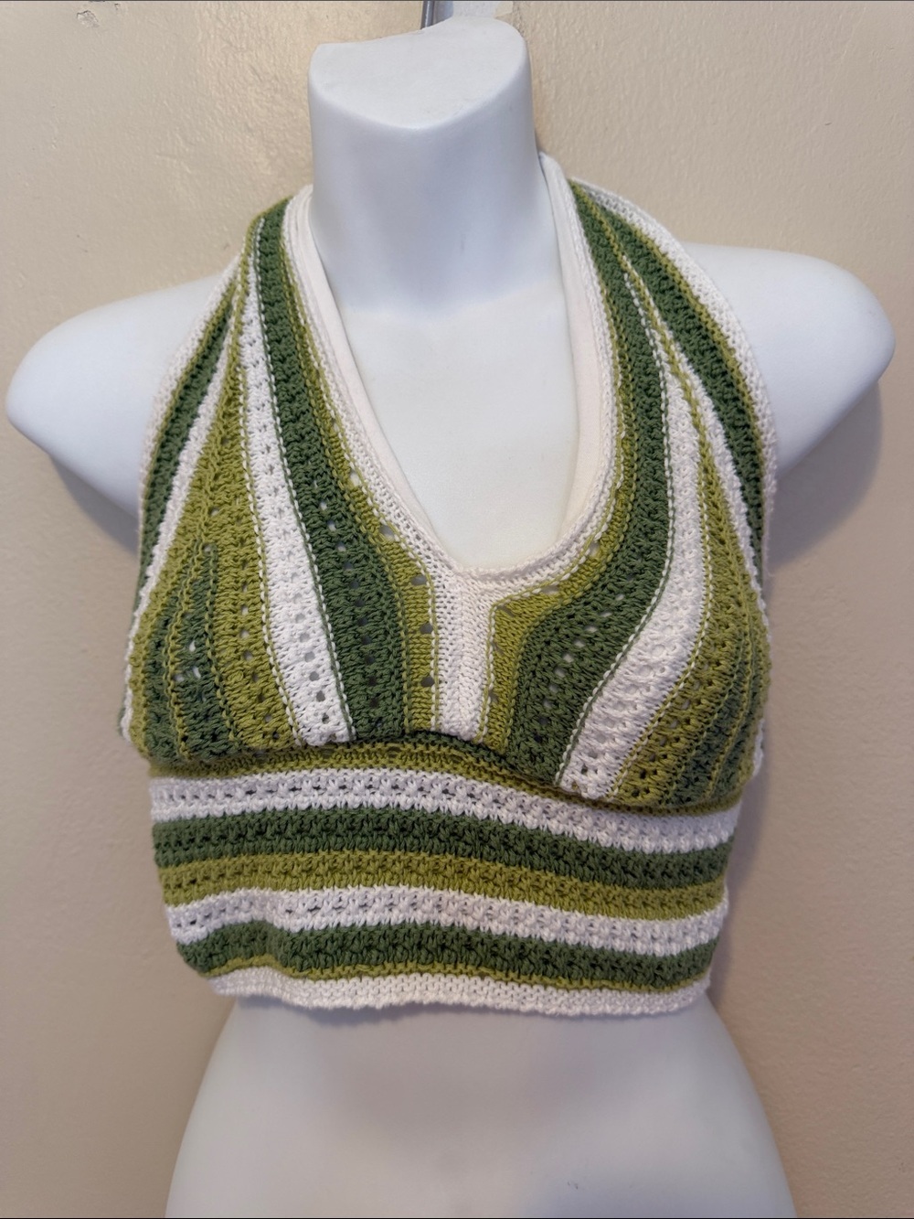 Hollister Olive Green and White Crochet Halter Crop Top